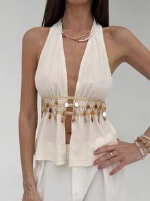 Aloruh 浪漫约会性感波西米亚风露背水钻装饰杏色女士吊带背心 - 杏色 - 查看 9