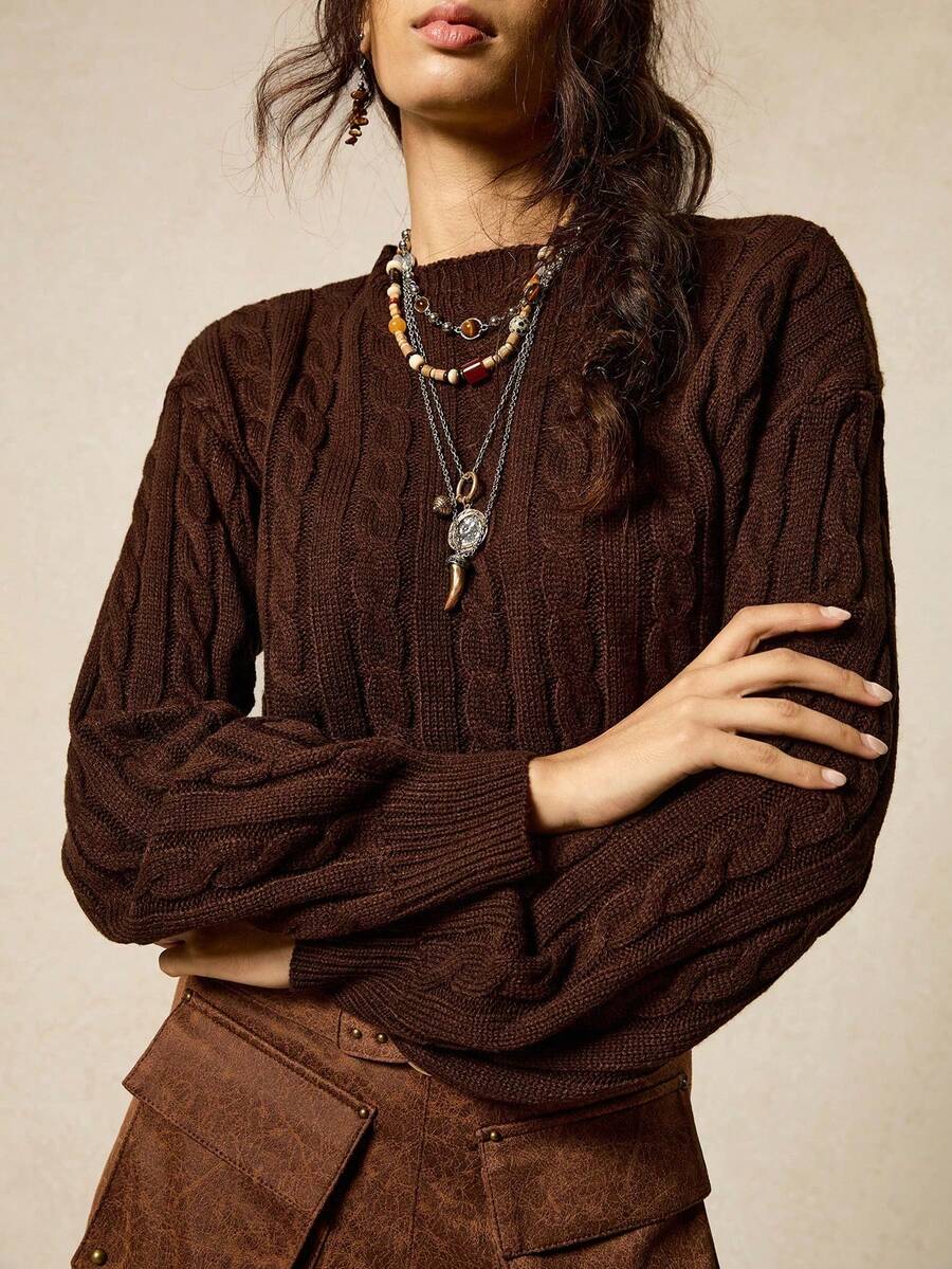 SoleilVie Solid Color Drop Shoulder Long Sleeve Casual Cable Knit Pullover Sweater - Bronze - View 1