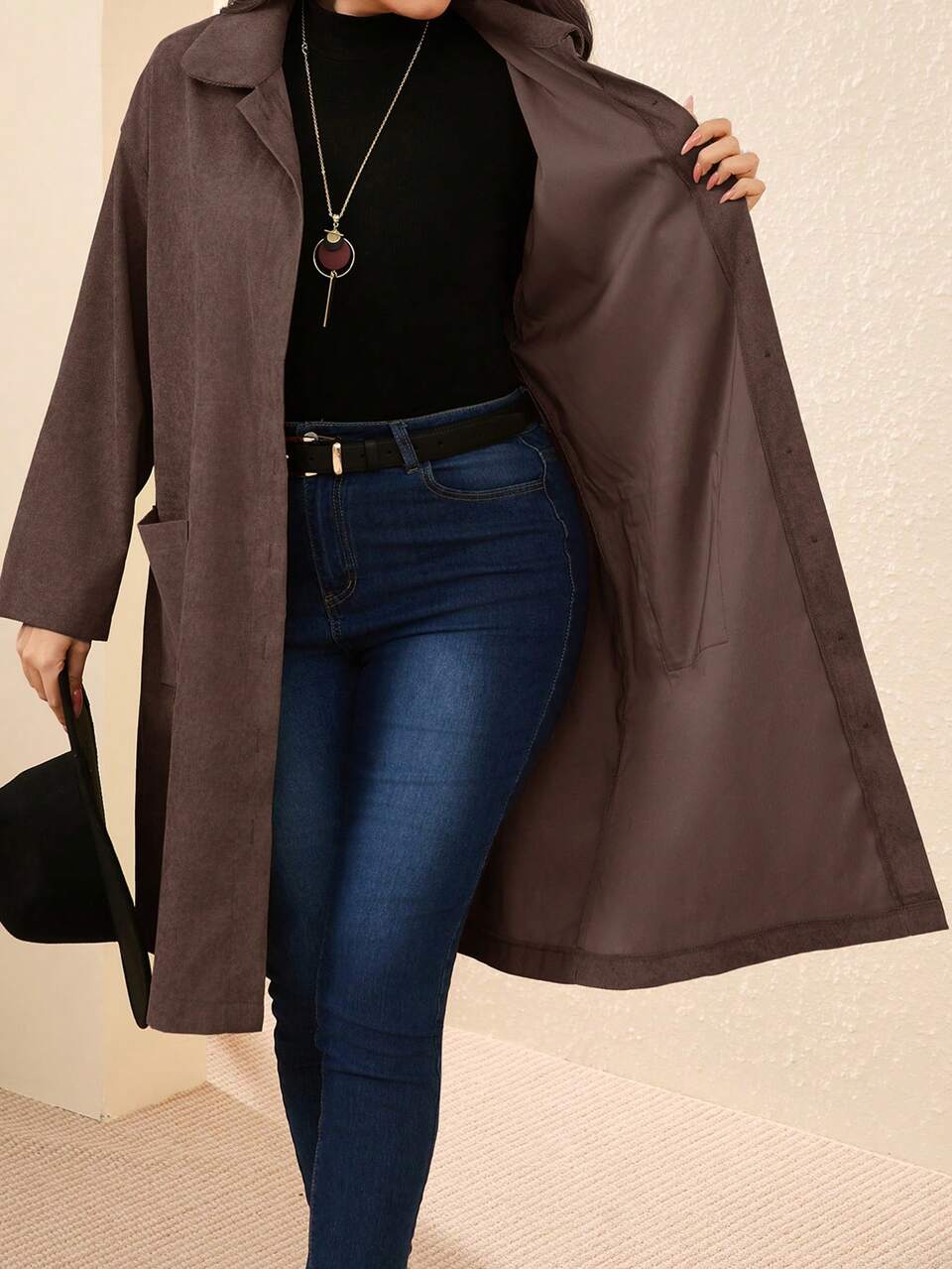 Plus Size Country Women Corduroy Double Pocket Button Placket Midi Coat,Fall Women/Winter