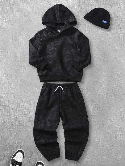 SHEIN 2 件套年轻男孩休闲纯色扎染运动衫 + 裤子，适合日常、上学、旅行、户外玩耍、春秋季