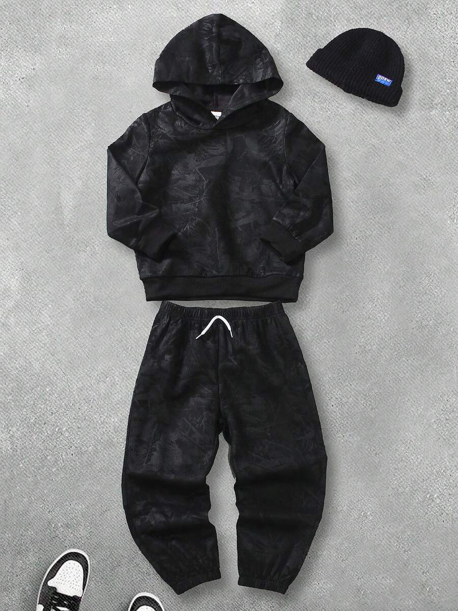 SHEIN 2 件套年轻男孩休闲纯色扎染运动衫 + 裤子，适合日常、上学、旅行、户外玩耍、春秋季 - 黑色 - 查看 1