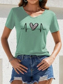 EMERY ROSE Women's Heart & Leopard Print V-Neck Short Sleeve T-Shirt - Mint Green - View 3