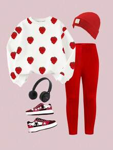 2 件年轻女孩休闲时尚甜美可爱草莓印花白色圆领运动衫和红色紧身裤套装，秋冬女童运动衫和裤子两件套，圣诞红色运动衫套装 - 彩色 - 查看 1