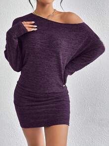 SHEIN Essnce Women's Solid Color Batwing Sleeve Ruched Fashionable Dress - Red Violet - View 4