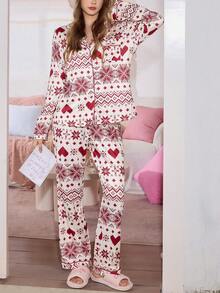 SweetSlumber Contrast Color Fair Isle Heart Print Lapel Long Sleeve Women Pajama Set - Multicolor - View 6
