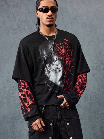 Street Life Camiseta de manga larga con estampado oscuro 2 en 1 para hombre