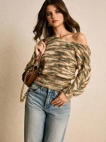Poéselle Camisetas femininas, tecido felpudo degradê, camisetas de manga comprida, camisetas casuais, blusas femininas, camisetas com ombros assimétricos, blusa feminina com estampa total e manga morcego, blusa feminina da moda para o outono, blusa feminina de inverno, blusa ombro a ombro, roupas femininas para o outono e inverno, estilo clássico. - Multicolorido - Ver 5