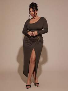 SHEIN BAE Plus Size Women's Asymmetrical Long Sleeve Dress, Brown, Autumn/Winter,Winter ,Spring,Summer,Christmas ,New Year,Party ,Elegant,Casual Dresses For Women,Vacation Outfits Women ,Valentine's Day,Wedding, Birthday, Formal,Wedding, Birthday, Formal,Brown,Suitable For Dates, Parties, Back-To-School, And Birthday Parties. Sexy Curve Dress