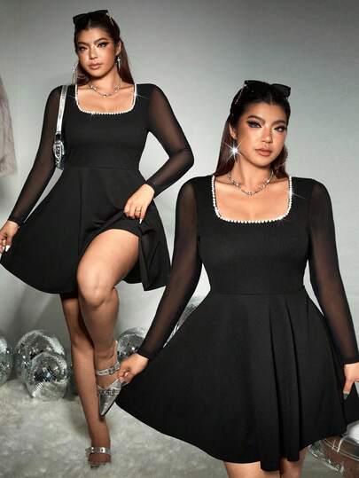 GalTyme Vestido elegante de manga larga con cuello cuadrado, parches de malla y decoración de perlas falsas, talla grande para mujer, otoño/invierno