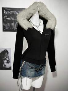 SHEIN ICON Áo khoác hoodie cổ lông phong cách thể thao cổ điển giản dị thêu chữ trang trí cho nữ, phù hợp cho mùa thu/đông, phong cách Punk, đua xe, đa năng - màu đen - Xem 3