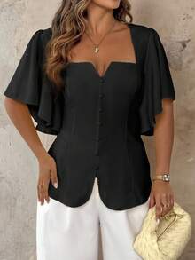 Roveilla Blouse élégante de style français pour femmes grandes tailles, de couleur crème jaune, avec col volant, taille cintrée, ourlet évasé, décoration de boutons, manches évasées. Convient pour la plage, le bureau, les festivals de musique, le thé de l'après-midi - Noir - Voir 4