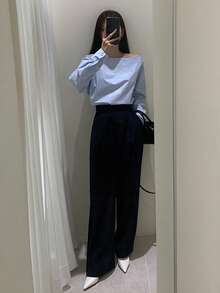 DAZY 女士纯色不对称肩长袖套头衫，浅蓝色，春夏秋季 - 淺藍色 - 查看 3