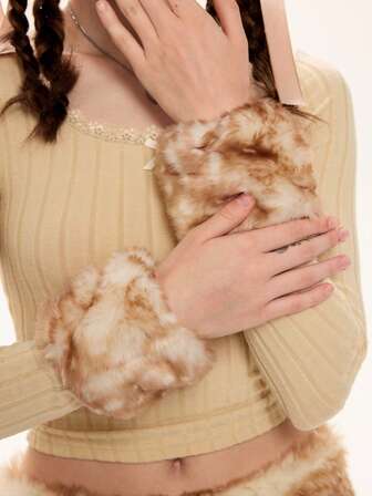 Fairycore 1 Pair Y2K Retro Furry Deer Print Arm Warmers, Fashion Minimalist Design Women Arm Sleeves, Suitable For Campus, Shopping, Commuting, Etc.