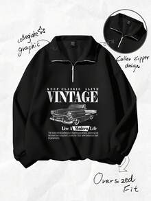 Attitoon Women's Retro Car Pattern Loose Fit Half-Zip High Neck Lightweight Pullover Sweatshirt In Fall/Winter - Black - View 8