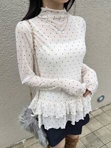 FRIFUL 女士波点网纱荷叶边下摆长袖上衣 春季款 - 白色 - 查看 6