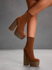 CUCCOO SZL 女士棕色绒面革方头厚底粗跟弹力时尚优雅派对性感侧拉链踝靴，适合圣诞节穿着 - 棕色 - 查看 5