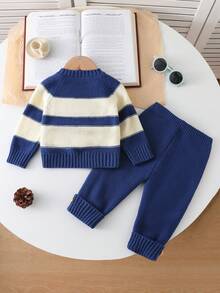SHEIN 男婴撞色条纹毛衣和针织裤套装,秋冬季 - 藍色 - 查看 3