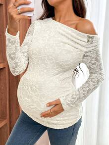 SHEIN Camiseta de manga larga con hombros asimétricos y encaje de unicolor para maternidad - Caqui - Ver 6
