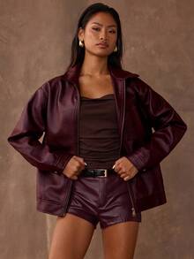 SHEIN BAE Women's Solid Color Casual Jacket For Commuting, Autumn,Cozy Fall And Winter Clothes For Women - Burgundy - View 5