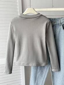 SHEIN 女童保暖内衬高领修身长袖T恤，柔软舒适百搭，灰色长袖打底衫，女童款 - 灰色 - 查看 2