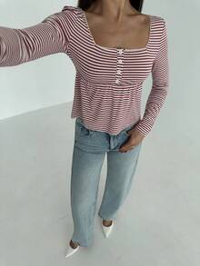 Aloruh Camisa casual de mujer de manga larga con botones frontales y rayas retro - Rojo - Ver 5