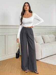 SHEIN Tall 休闲百搭纯色高腰阔腿裤，显高休闲秋冬款 - 深灰色 - 查看 3