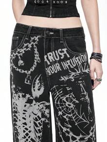 ROMWE Goth 女士宽松阔腿牛仔裤，饰有朋克哥特式骷髅、十字架、蜘蛛网和链条印花 - 黑色 - 查看 6