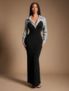 Radiana 大码女式优雅独特黑白条纹二合一衬衫裙，适合办公室/工作场合、商务休闲、通勤、约会、聚会、休闲外出、秋冬季穿着。 - 彩色 - 查看 1