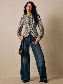 Poéselle 女士时尚格子灯笼袖衬衫，秋季 - 咖啡棕 - 查看 5