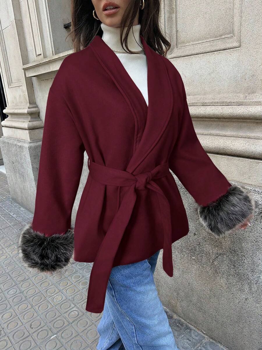 Aloruh Women's Elegant Wine Red Woolen Coat With Raglan Long Sleeves And Furry Cuffs, Autumn/Winter - Burgundy - View 1