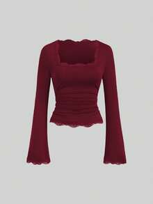 Sweetra 女士复古法式修身喇叭袖蕾丝领休闲T恤套装，秋季 - 彩色 - 查看 4