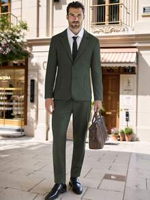 Manfinity Bizformal Bộ vest nam công sở màu trơn tối giản mặc hàng ngày dài tay và quần tây, trang phục dự tiệc cưới cho khách dự tiệc Halloween mùa đông cổ điển của Old Money - xanh quân đội - Xem 3