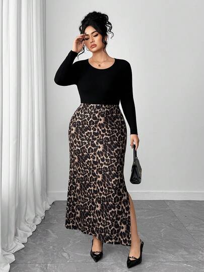 Elenzga 大码优雅日常豹纹开衩半身裙，秋季