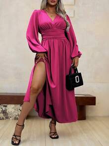 Roveilla 大码V领长袖褶皱简约长款休闲连衣裙女装 - 玫紅色 - 查看 1