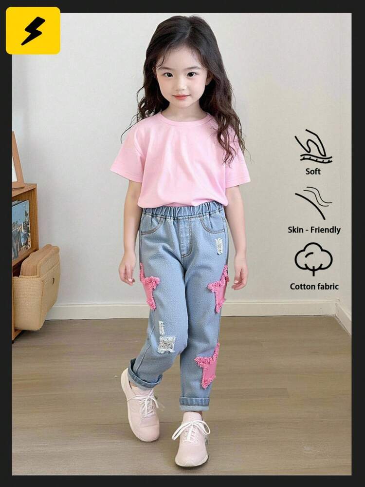 SHEIN 年轻女孩休闲柔软舒适度假时尚街头水洗可爱星星刺绣日常穿着无弹力修身锥形牛仔裤，轻盈春秋 - 淺色水洗藍 - 查看 6