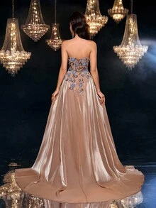 Glamrae Váy maxi đuôi cá đính cườm hoa đính hạt lấp lánh sang trọng, thanh lịch, sang trọng, nhiều màu sắc, thiết kế bustier organza, sang trọng, gợi cảm, có viền xòe, thích hợp cho đám cưới, tiệc tùng, kỳ nghỉ, dạ tiệc, sự kiện trang trọng (trang trí đậm) - Màu Khaki - Xem 4