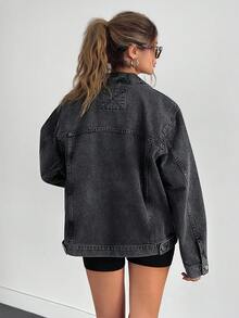 EURMUSE Áo khoác denim vai trễ màu xám giản dị - Xám - Xem 2