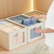 1pc Shelf Large Storage Basket | Sturdy Fabric Wardrobe Storage Box For Organizing Transparent Windows | Foldable Home Storage With Lid, Beige/Gray Decor, Room Decor, Decorations, Decorations, Decor, Storage, Organizer Dress Pants Shoes Jeans Boots Skirt - Multicolor - View 3