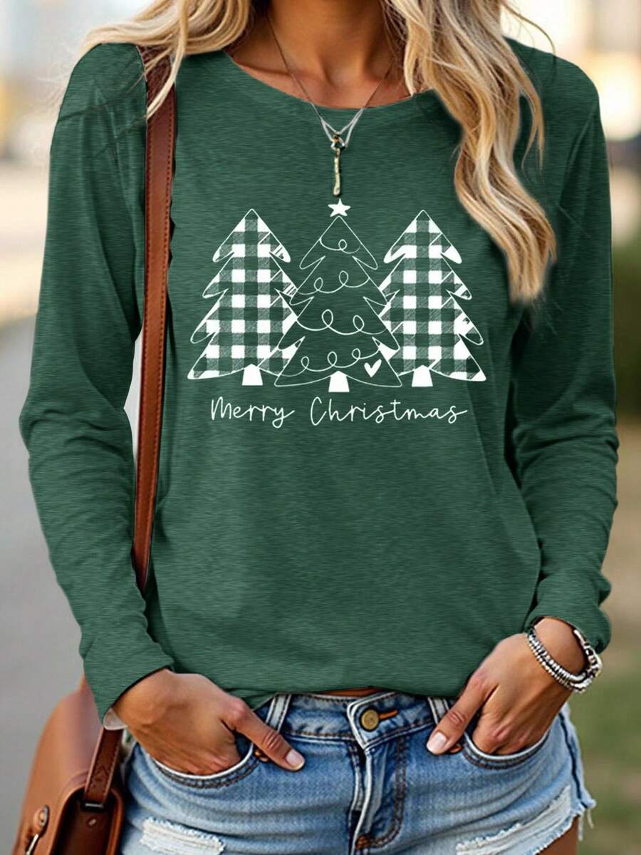 EMERY ROSE Camiseta de manga larga con estampado de árbol de Navidad para mujer