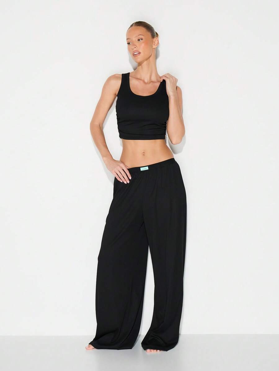 KIZN 女士柔软触感针织吊带长裤家居服套装，舒适透气 - 黑色 - 查看 1