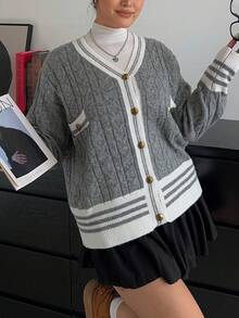 SHEIN CURVE+ Áo len cardigan cỡ lớn cho nữ, phong cách đại học mới cho mùa thu/đông - Xám - Xem 8