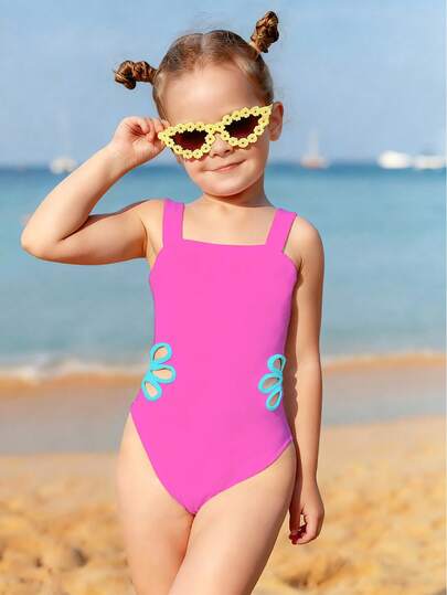 Traje de baño de una pieza con diseño floral y calado para niña