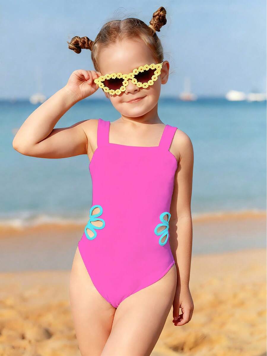 少女花卉镂空设计连体泳衣 - 西瓜粉 - 查看 1