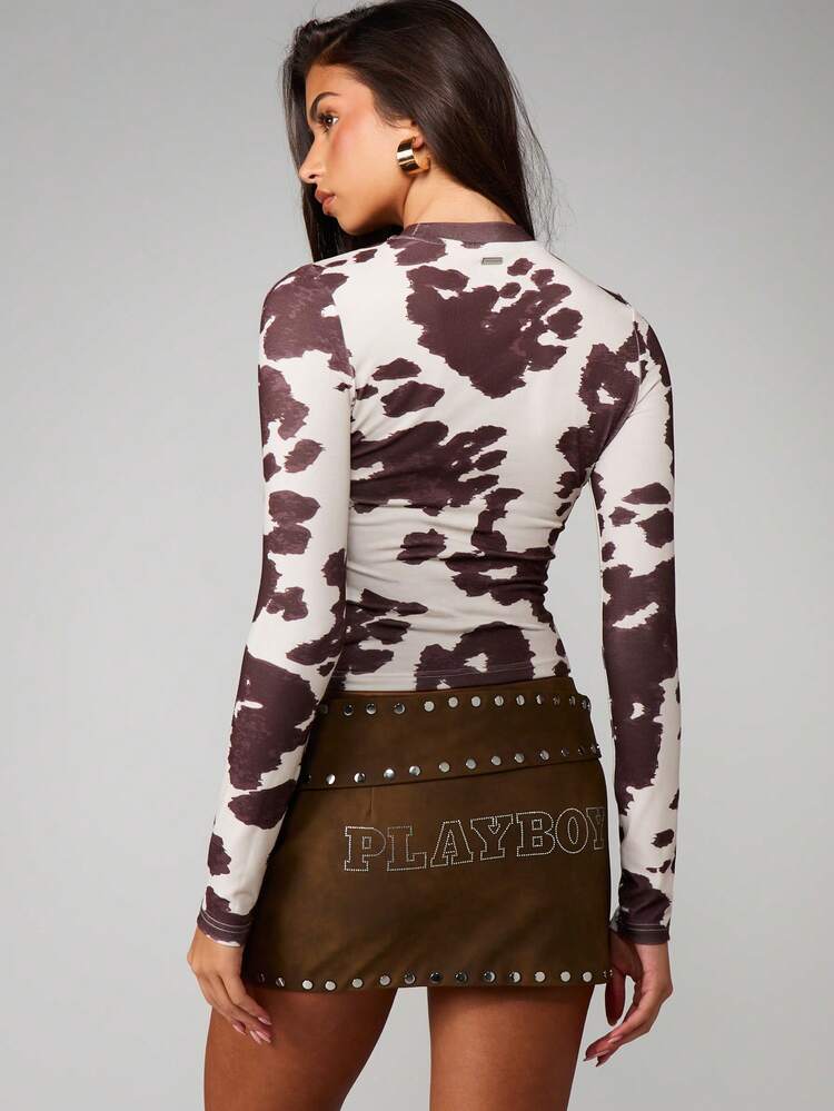 Missguided x Playboy Maglietta a maniche lunghe corta con stampa di mucca e maniche a contrasto, ideale per i look a strati in autunno e inverno