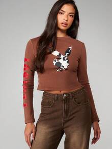 Missguided x Playboy Fitted Long Sleeve Crop Top With Cow Print Bunny Graphic And Red Sleeve Text For Casual Streetwear - Brown - View 1