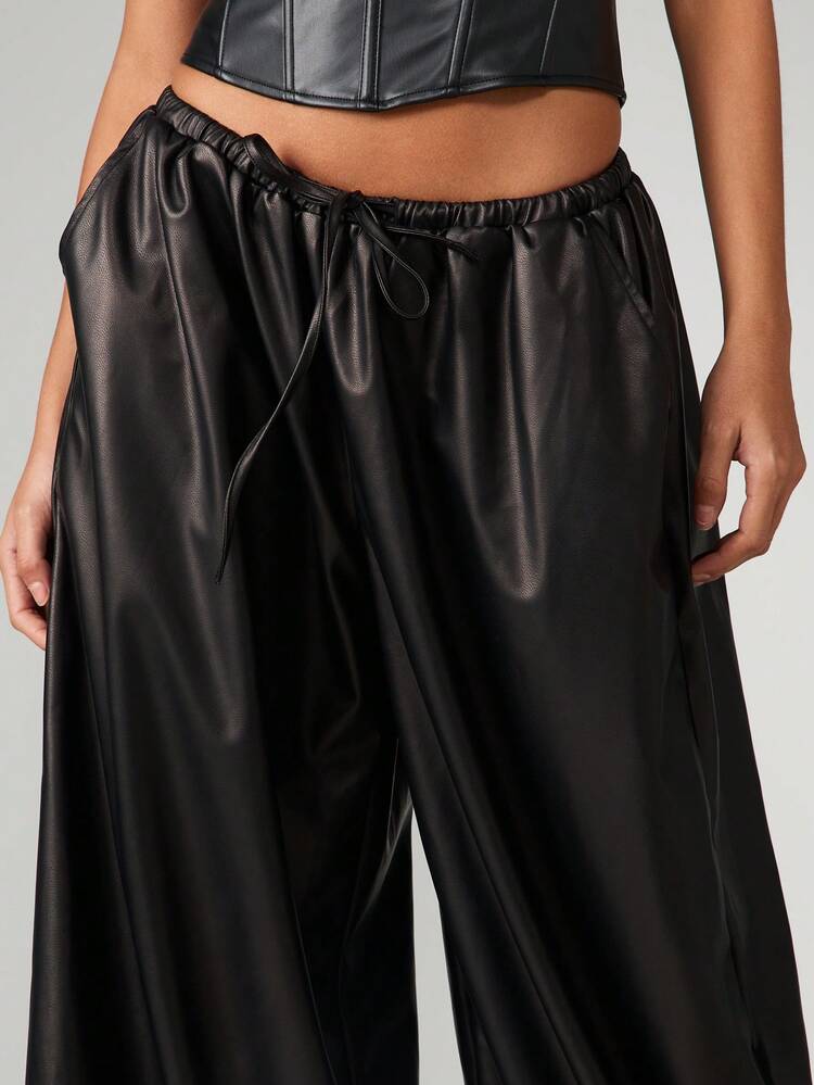 MISSGUIDED High Waisted Faux Leather Wide Leg Palazzo Pants With Drawstring Waist And Side Pockets