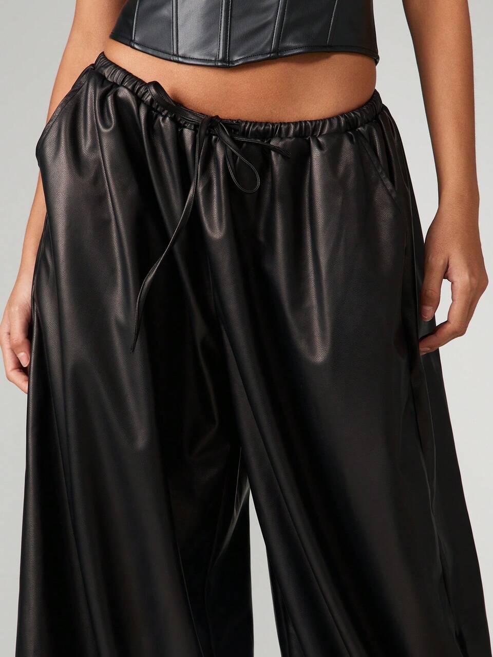 MISSGUIDED High Waisted Faux Leather Wide Leg Palazzo Pants With Drawstring Waist And Side Pockets