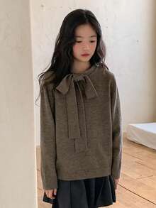 DAZY 少女撞色高领毛衣，带蝴蝶结 - 灰色 - 查看 2
