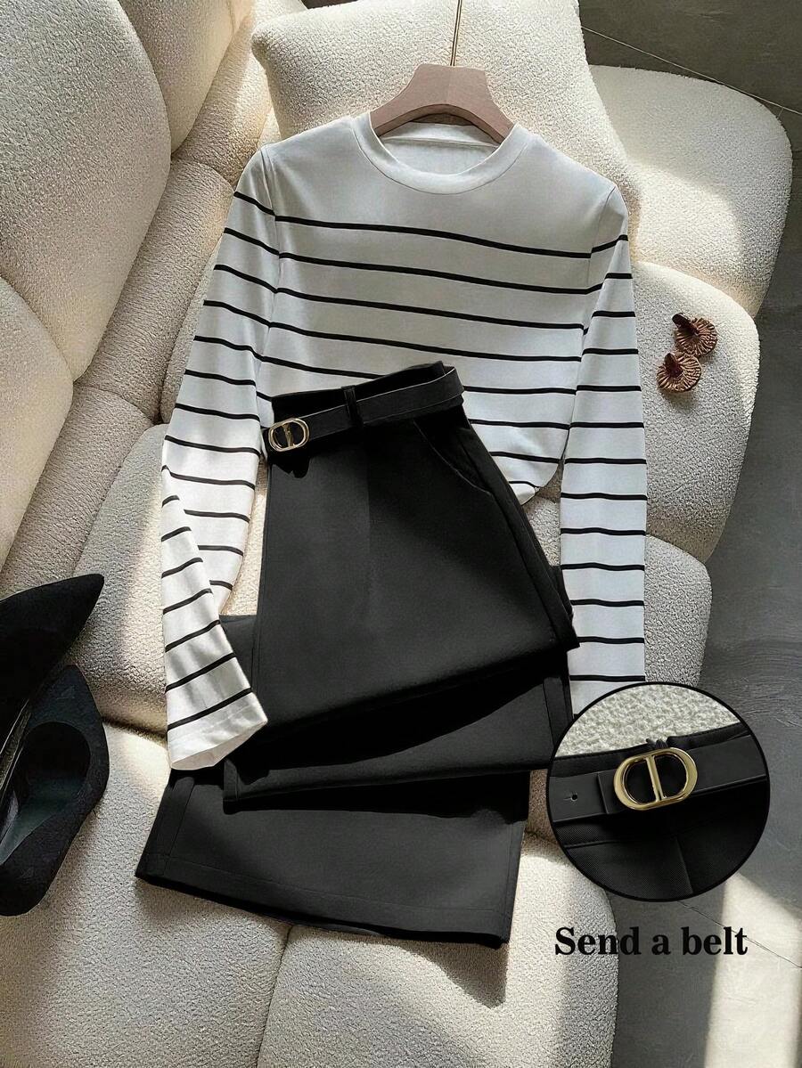 GlowEve 2 pièces Ensemble élégant de chemise à manches longues rayée et pantalon avec poches et ceinture pour femmes, idéal pour le trajet domicile-travail - Noir - Voir 1