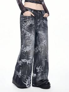 ROMWE Grunge Punk جينز واسع الساق مغسول بتصميم فتاة آلية مستقبلية - رمادي - مشاهدة 4